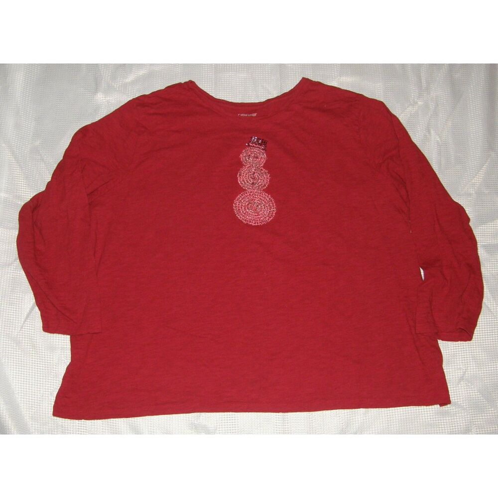 Red Plus Sz 4X (30/32) Beaded Snowman Long Sleeve Stretchy Tee Shirt CATHERINES